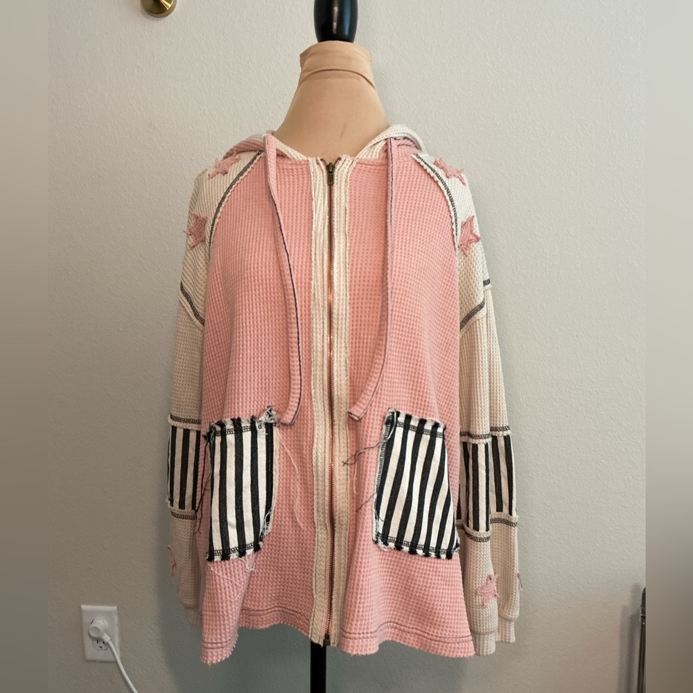 Women’s Pink Hooded Patchwork Waffle Knit Zip Jacket